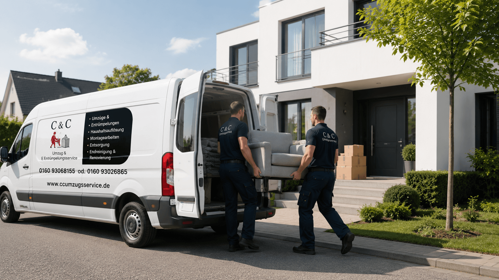 C & C Umzugsteam mit firmeneigenem Transporter vor einem Einfamilienhaus
